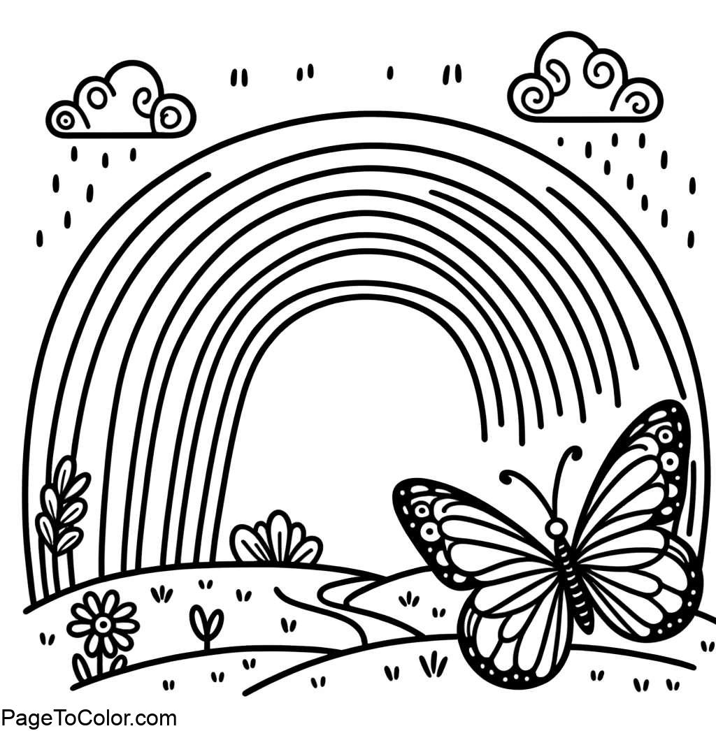 Rainbow coloring page and butterfly