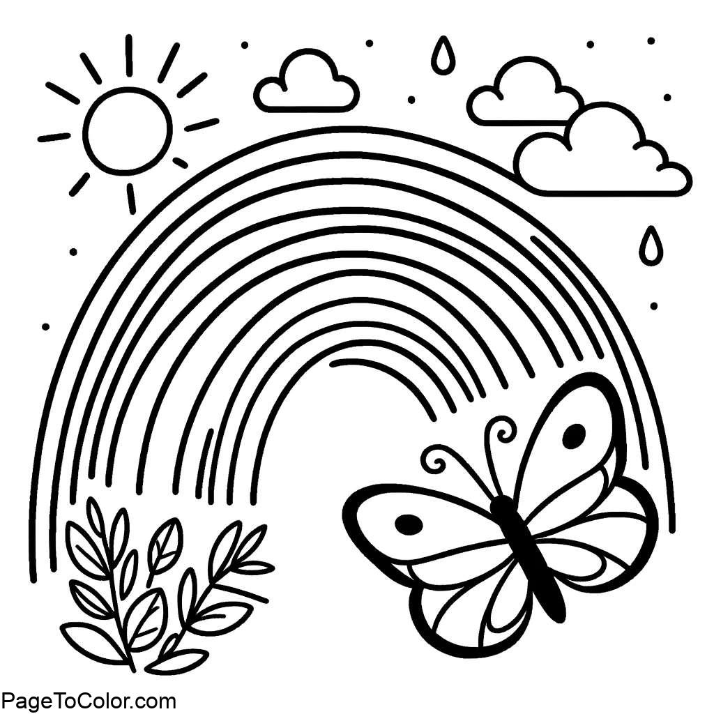 Rainbow coloring page and charming butterfly