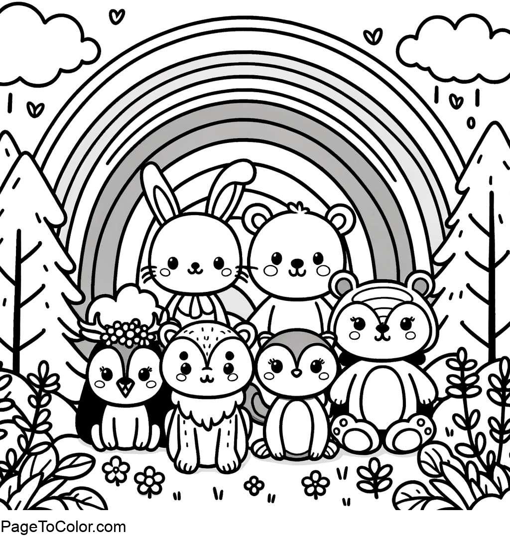 Rainbow coloring page cute woodland