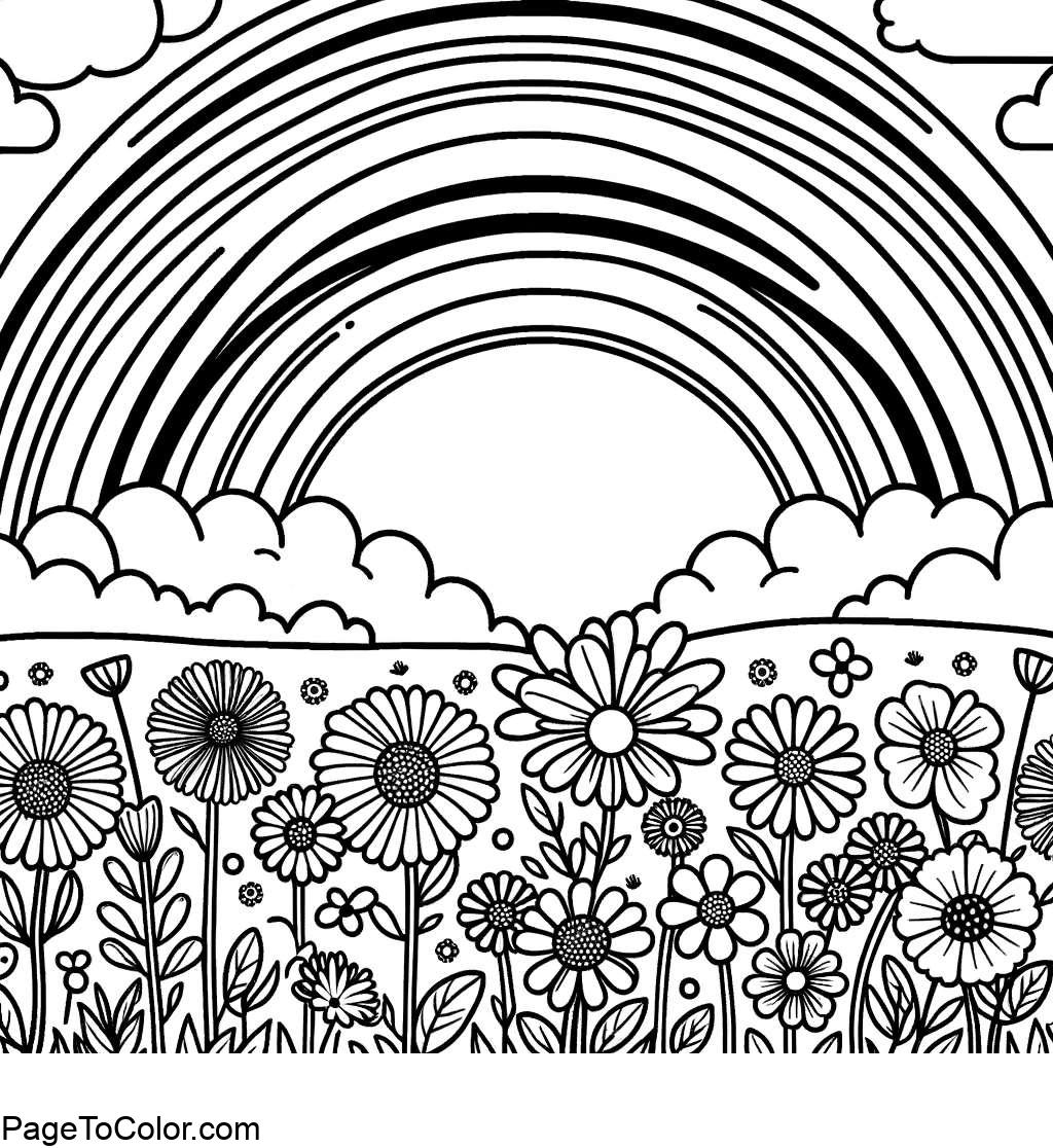 Rainbow coloring page flower field
