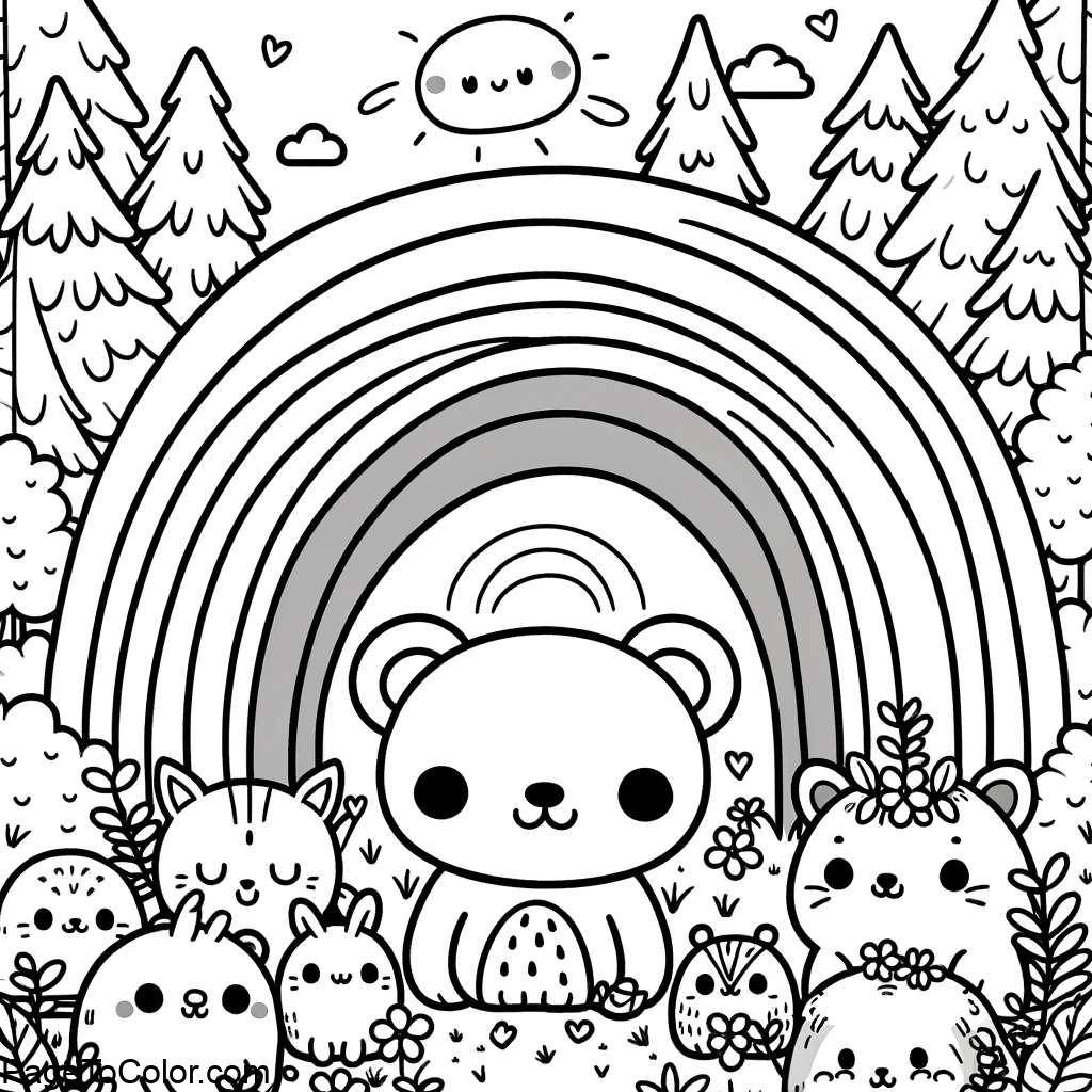 Rainbow coloring page forest animals