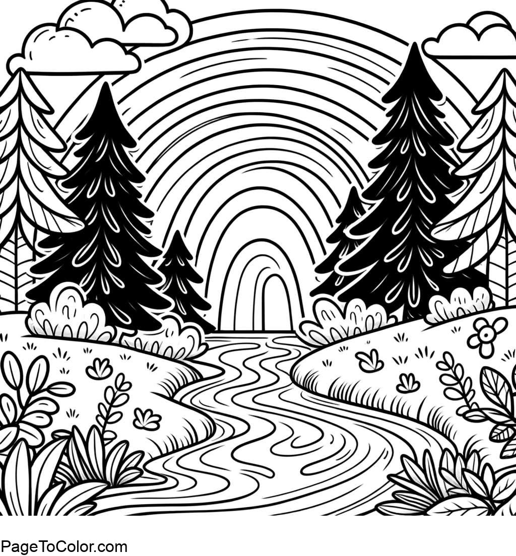 Rainbow coloring page forest stream