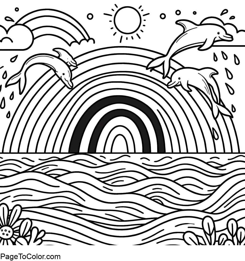 Rainbow coloring page ocean dolphins