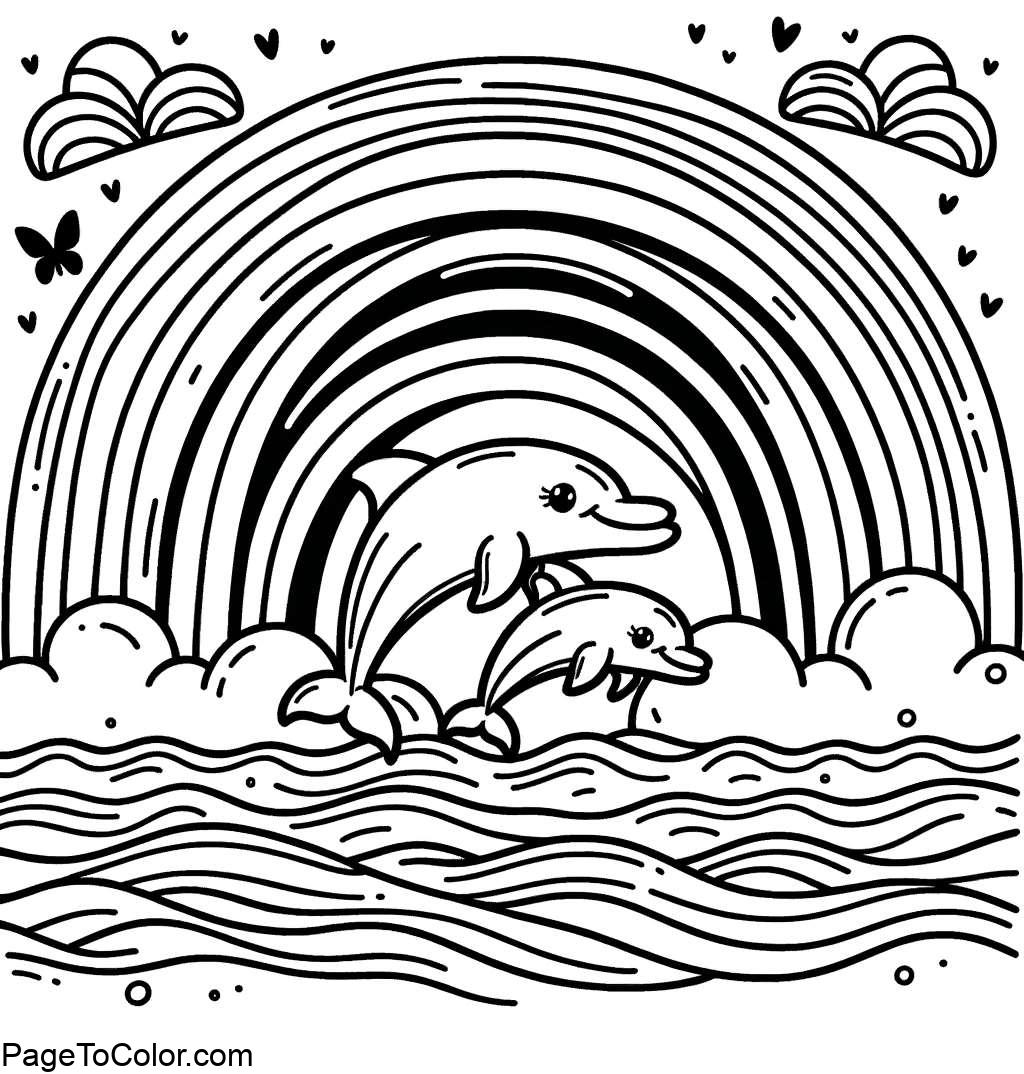 Rainbow coloring page playful sea dolphins