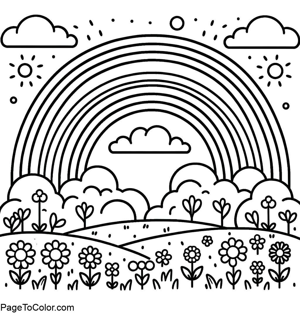 Rainbow coloring page simple meadow flowers