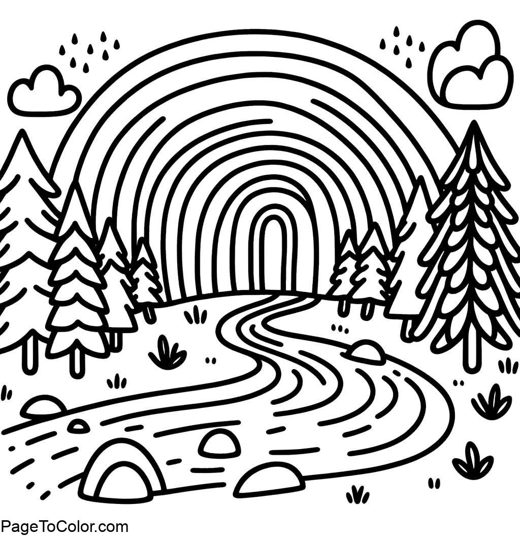 Rainbow coloring page simple woodland creek