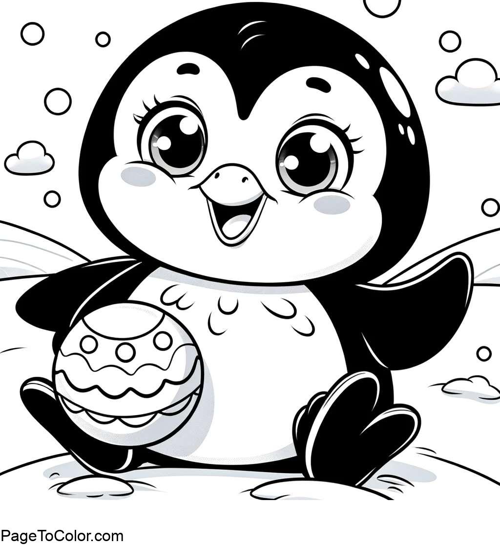 Penguin Coloring Page Joyful penguin with snowball