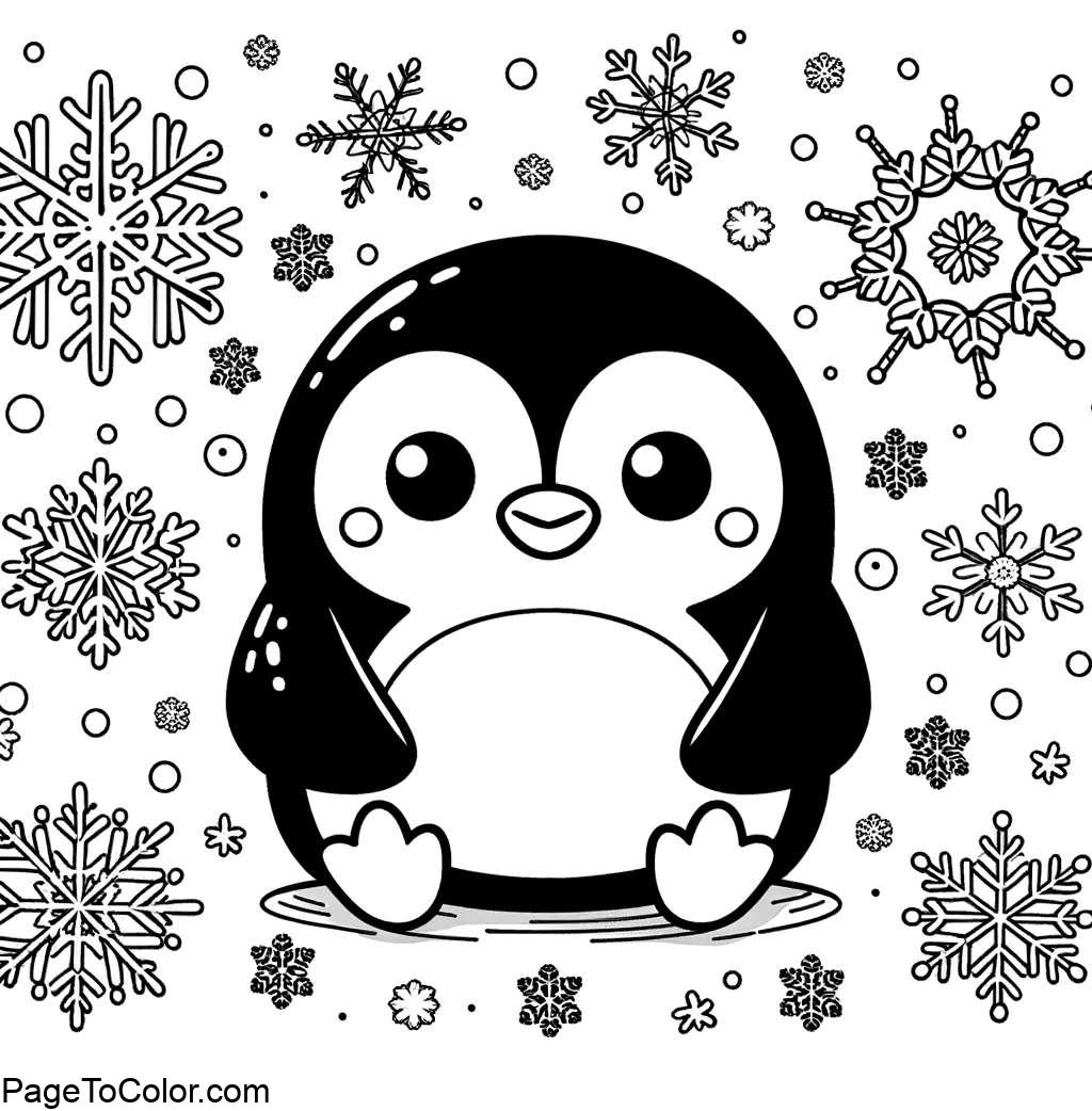 Free Printable Penguin with simple snowflakes Coloring Page