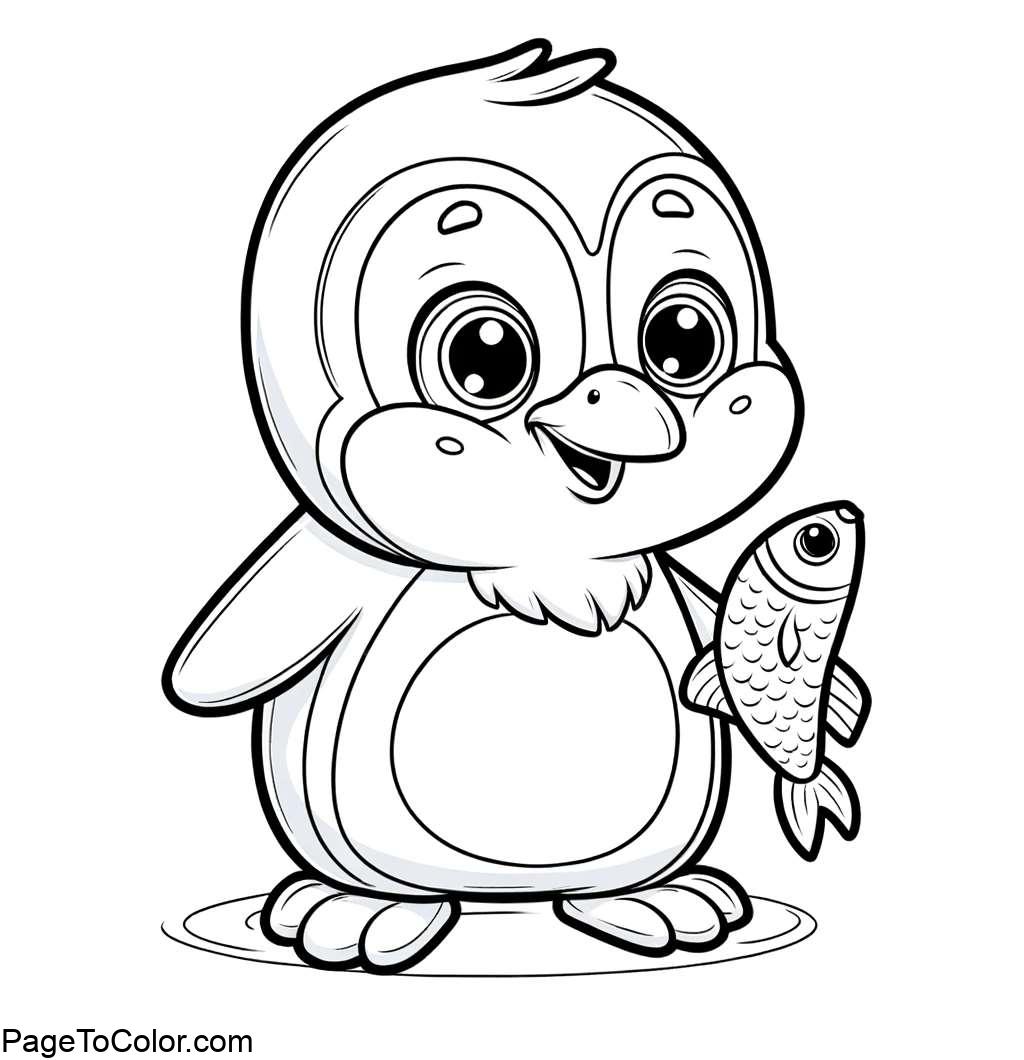 Simple penguin with fish coloring page